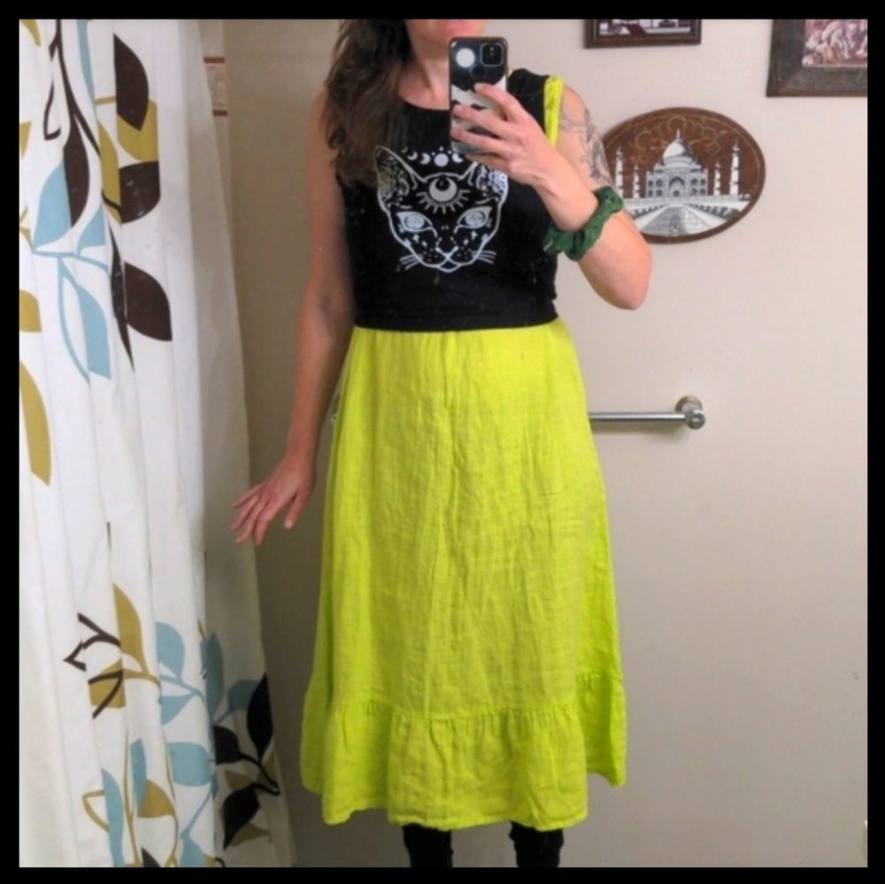 Terzo Millennio Greenish Yellow 100% Italian Linen Dress. NWT. Sz L